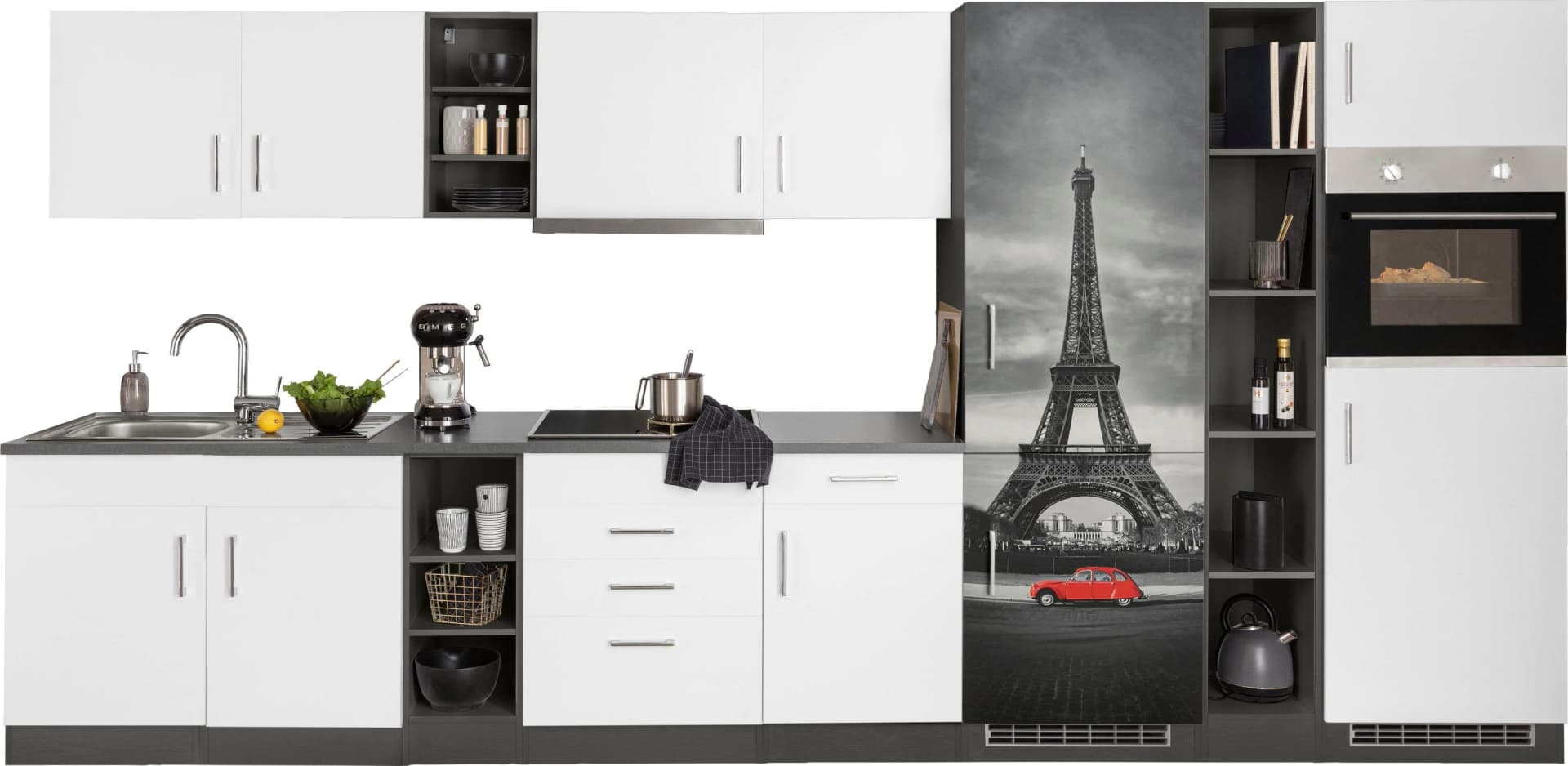 Küchenzeile KOCHSTATION KS-Paris 390cm Weiß Anthrazit mit E-Geräten
