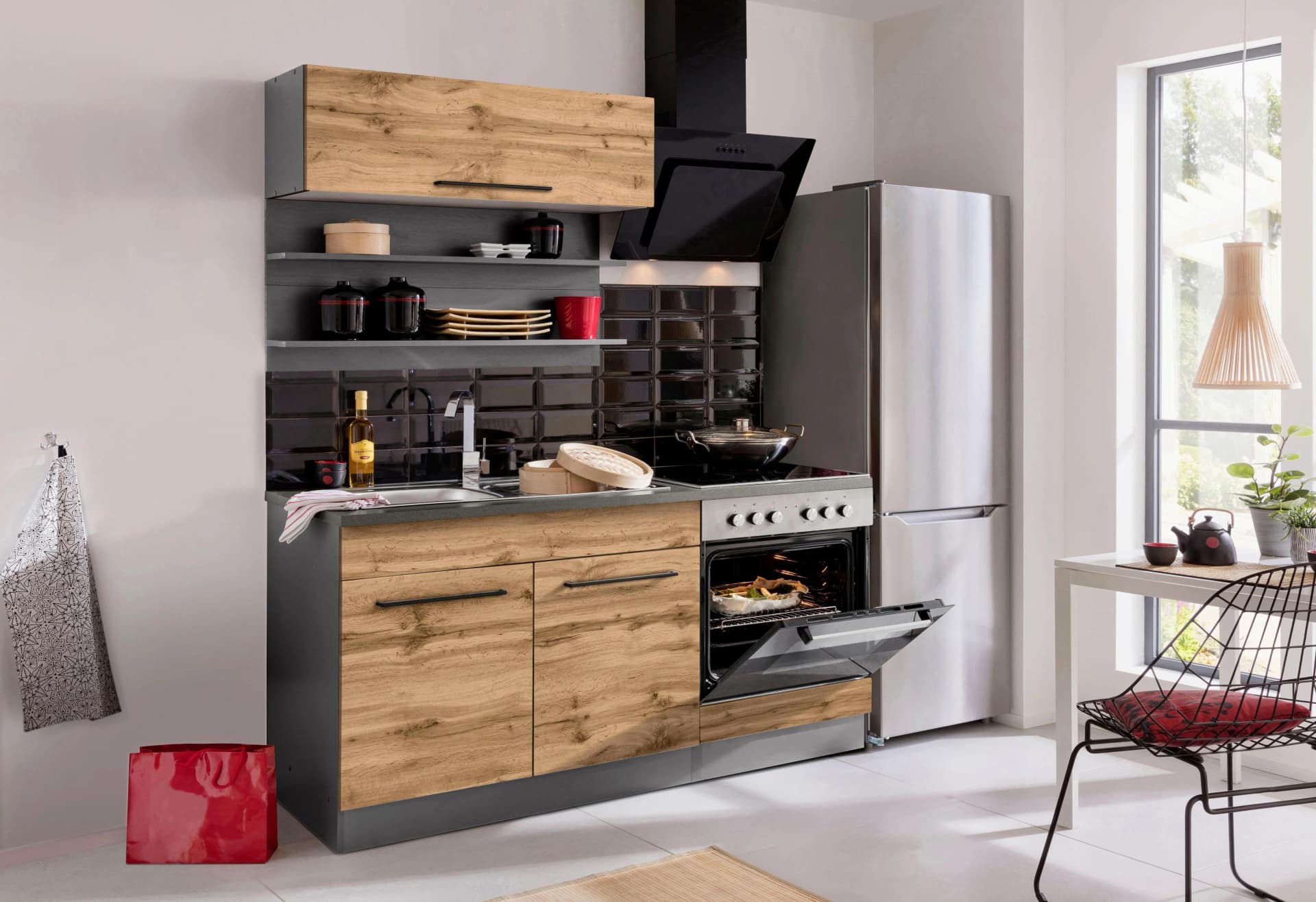 Küchenzeile KS-Tulsa 160cm mit Spüle Anthrazit Grau