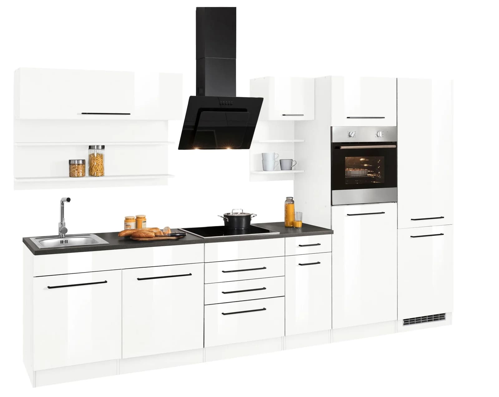 KOCHSTATION "KS-Tulsa" mit E-Geräten, Breite 330 cm, schwarze Metallgriffe, MDF Fronten