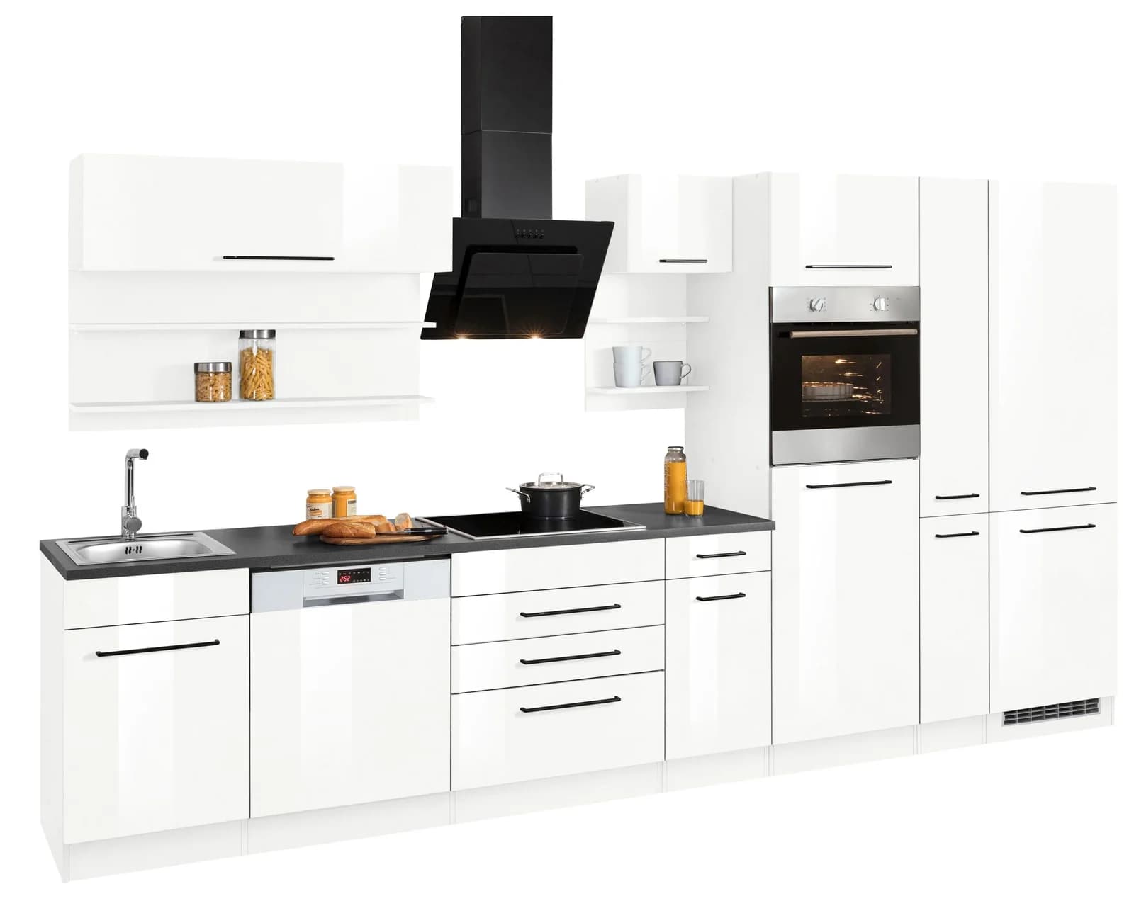 KOCHSTATION "KS-Tulsa" mit E-Geräten, Breite 360 cm, schwarze Metallgriffe, MDF Fronten