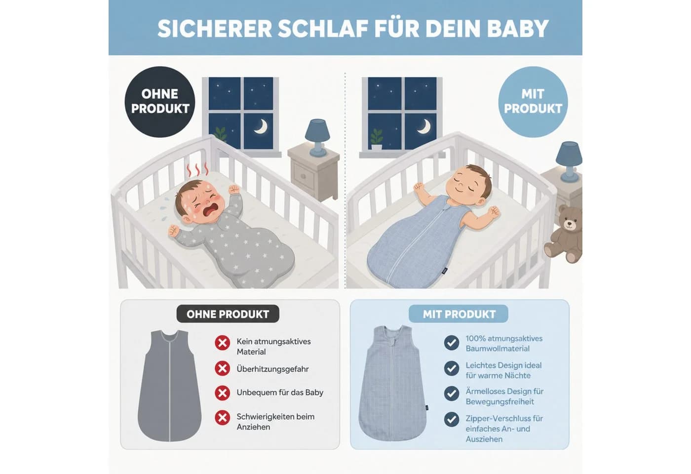 Kinderhaus Blaubaer Babyschlafsack Mull-Schlafsack TOP Blau 100% Baumwolle - Bild 4