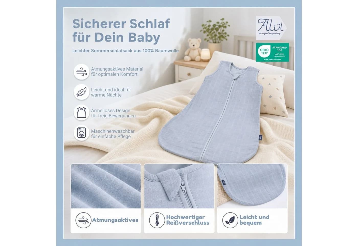 Kinderhaus Blaubaer Babyschlafsack Mull-Schlafsack TOP Blau 100% Baumwolle - Bild 5
