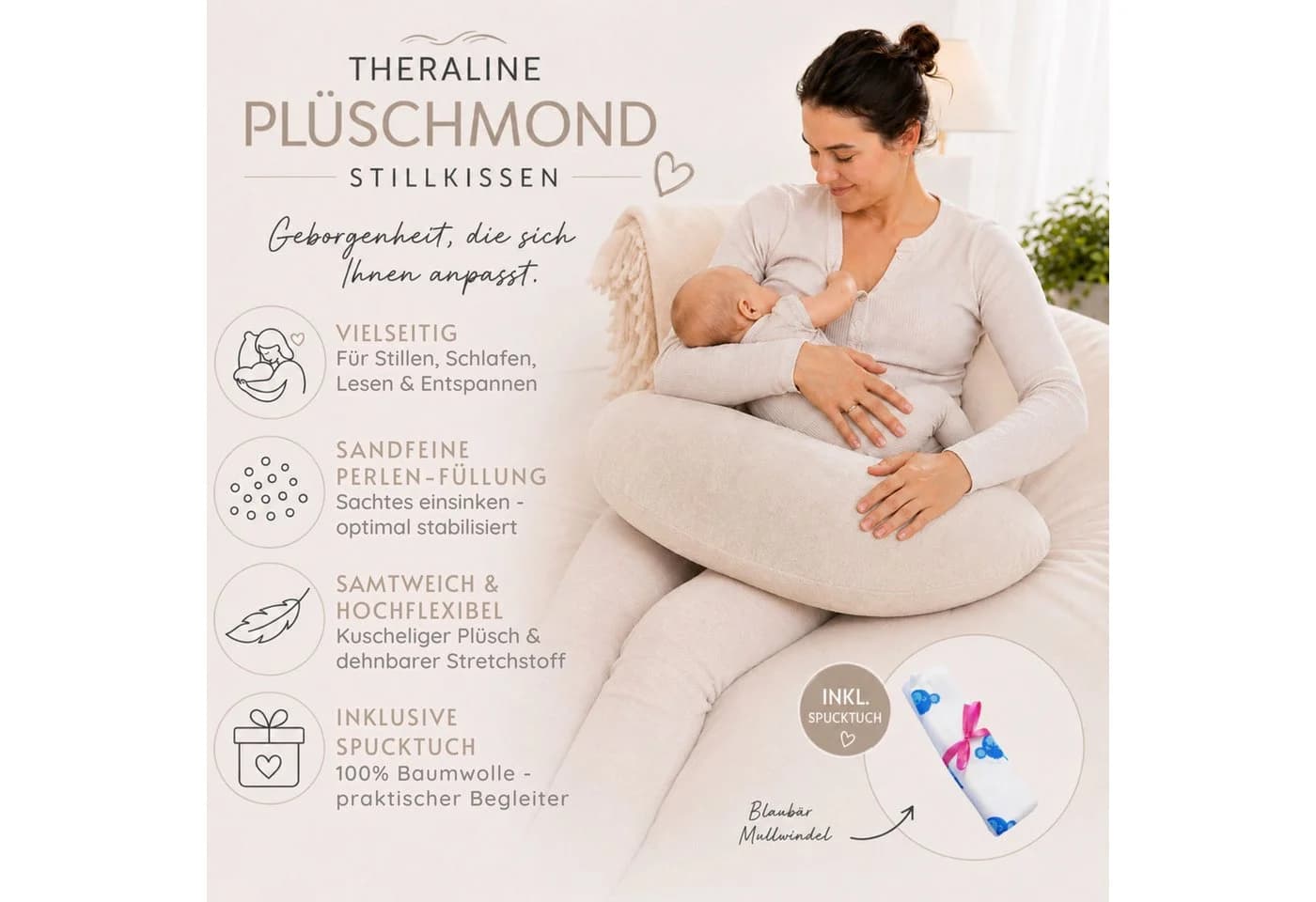Kinderhaus Blaubaer Stillkissen Plüschmond Beige mit Spucktuch - Bild 3