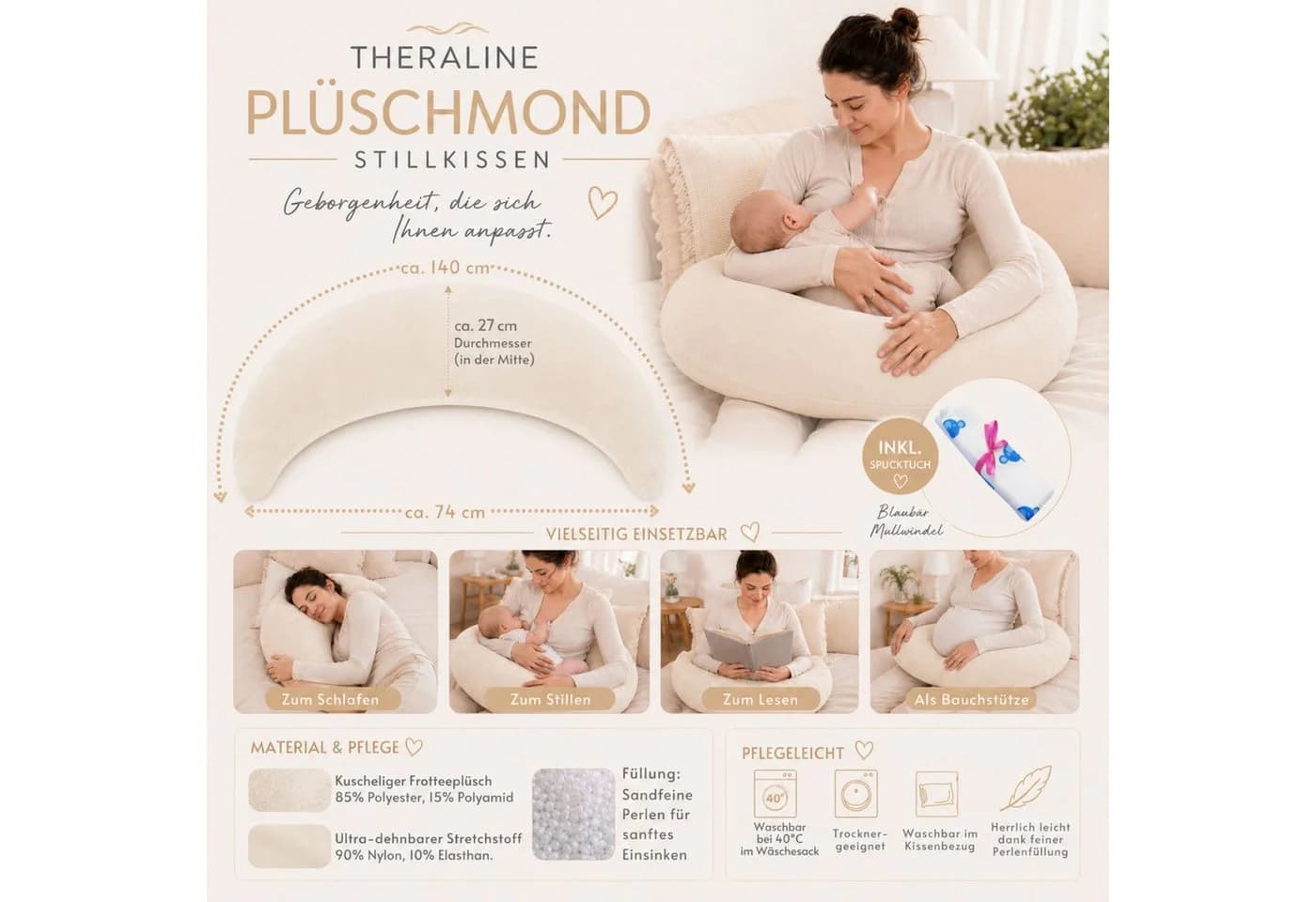 Kinderhaus Blaubaer Stillkissen Plüschmond Beige mit Spucktuch - Bild 4