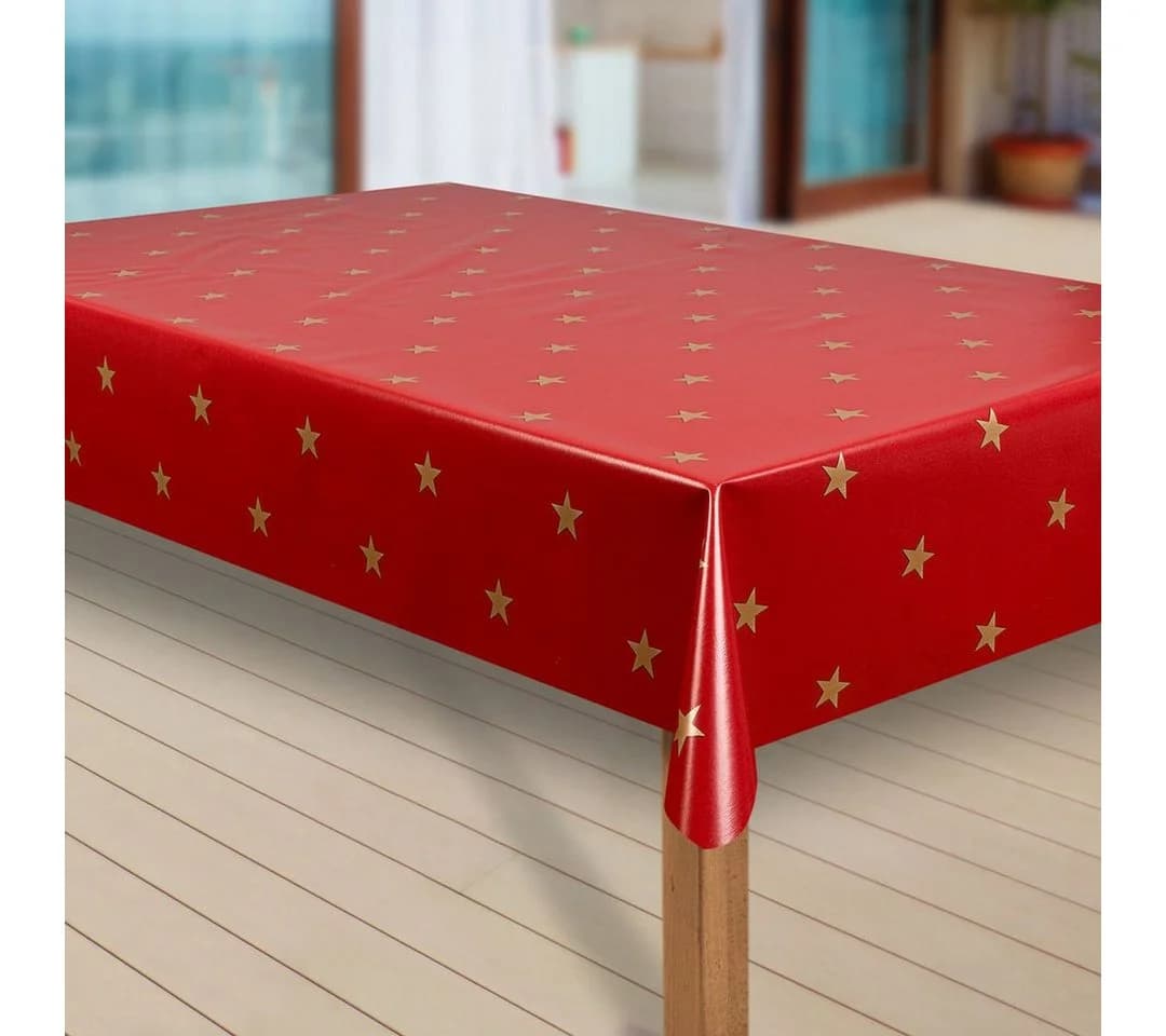 Laro Tischdecke Wachstuch Abwaschbar Sterne Rot Gold Rechteckig