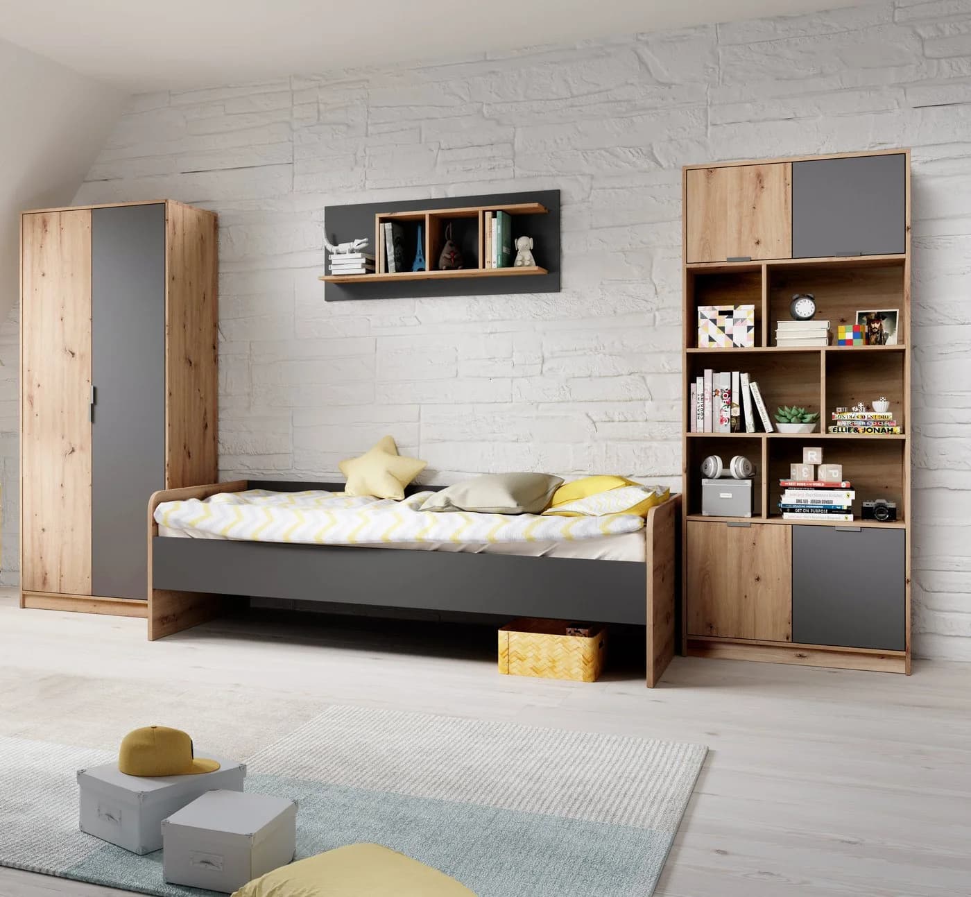 BEGABINO Jugendzimmer-Set Karla Grau Eiche Kleiderschrank Schreibtisch - Bild 4