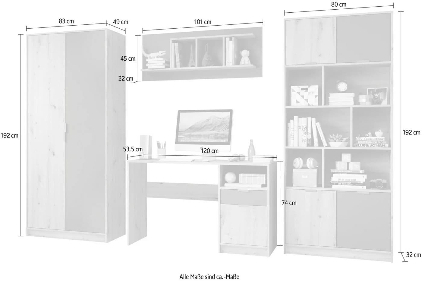 BEGABINO Jugendzimmer-Set Karla Grau Eiche Kleiderschrank Schreibtisch - Bild 5