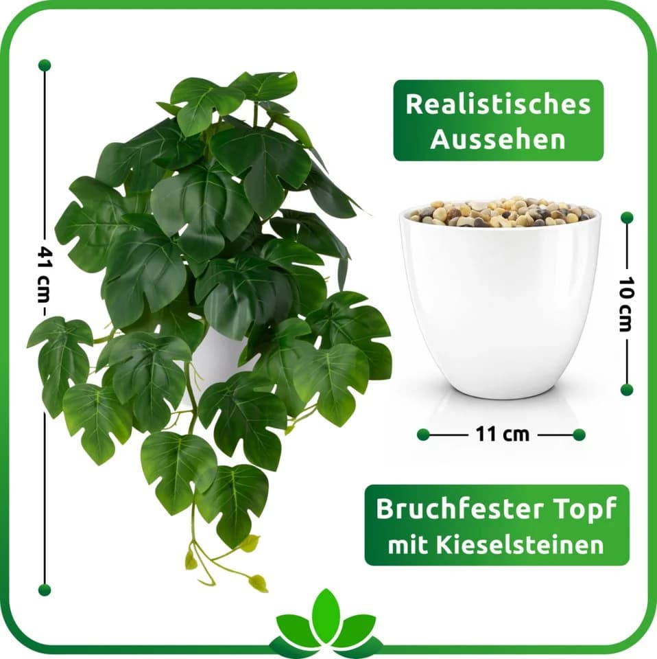 Kunstpflanze Hängepflanze Efeu Monstera in bruchfestem Topf - Bild 4