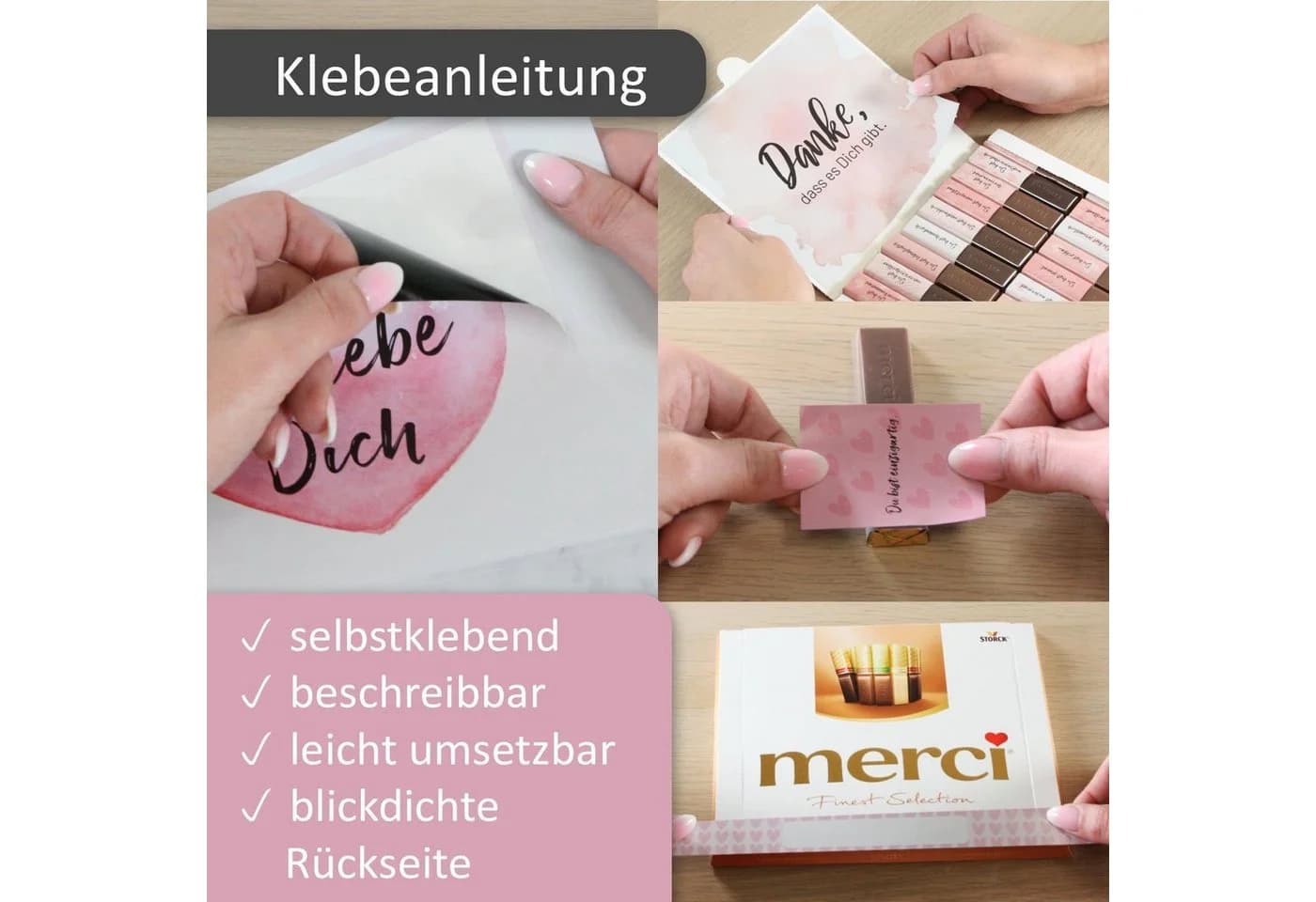 younikat Aufkleber für Merci Schokolade Rosa Aquarell Liebe & Freundschaft - Bild 3
