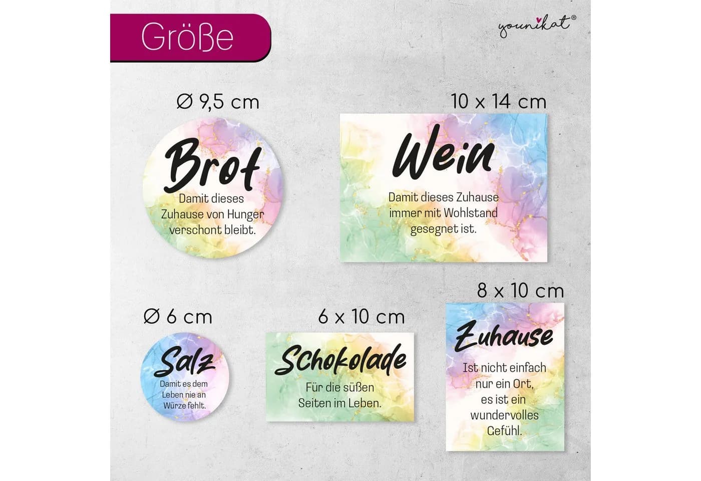 younikat Aufkleber Set zum Einzug 5 Stück Bunt Brot Salz Wein Schokolade