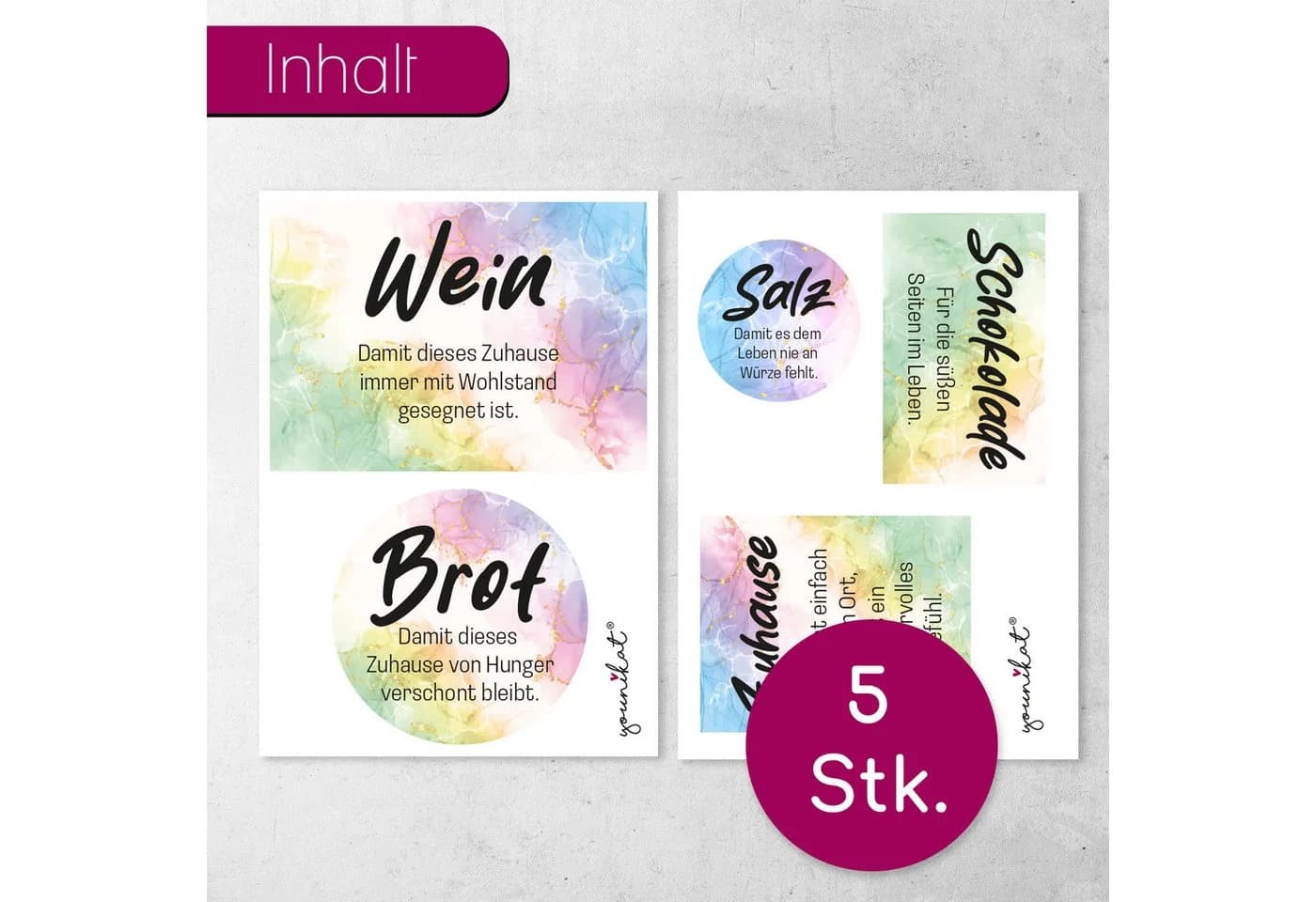 younikat Aufkleber Set zum Einzug 5 Stück Bunt Brot Salz Wein Schokolade - Bild 4