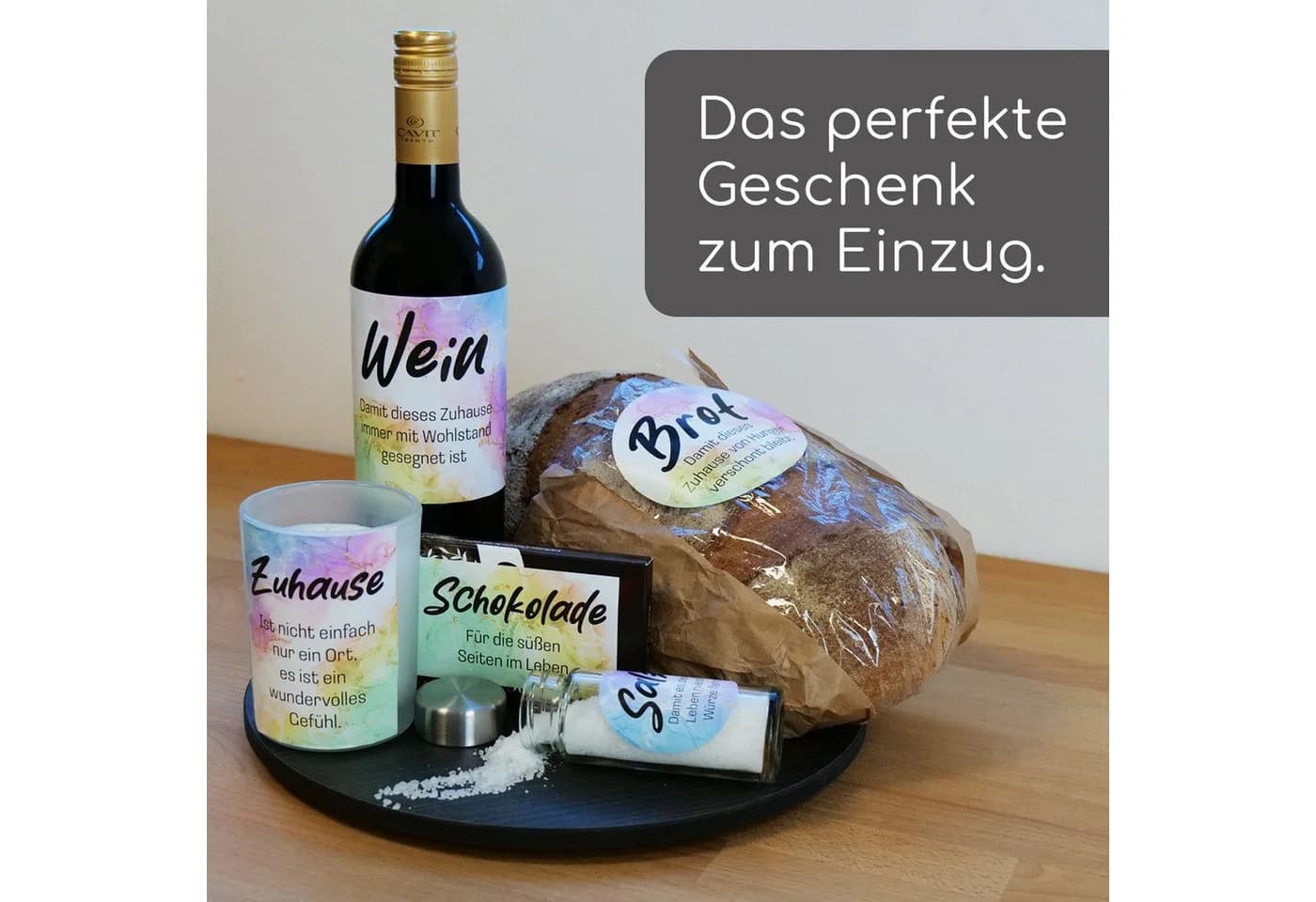 younikat Aufkleber Set zum Einzug 5 Stück Bunt Brot Salz Wein Schokolade - Bild 5