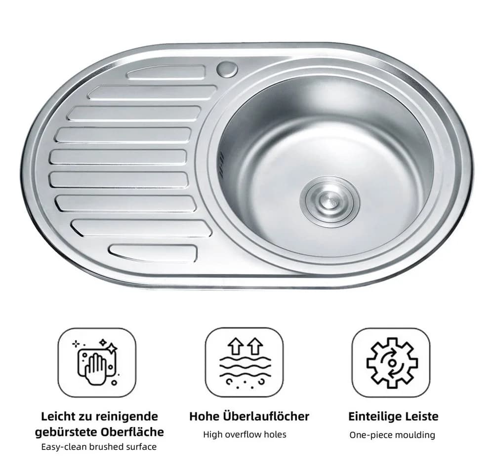 Melko Edelstahlspüle mit Ablage, Rund, 77 cm, Silber - Bild 3