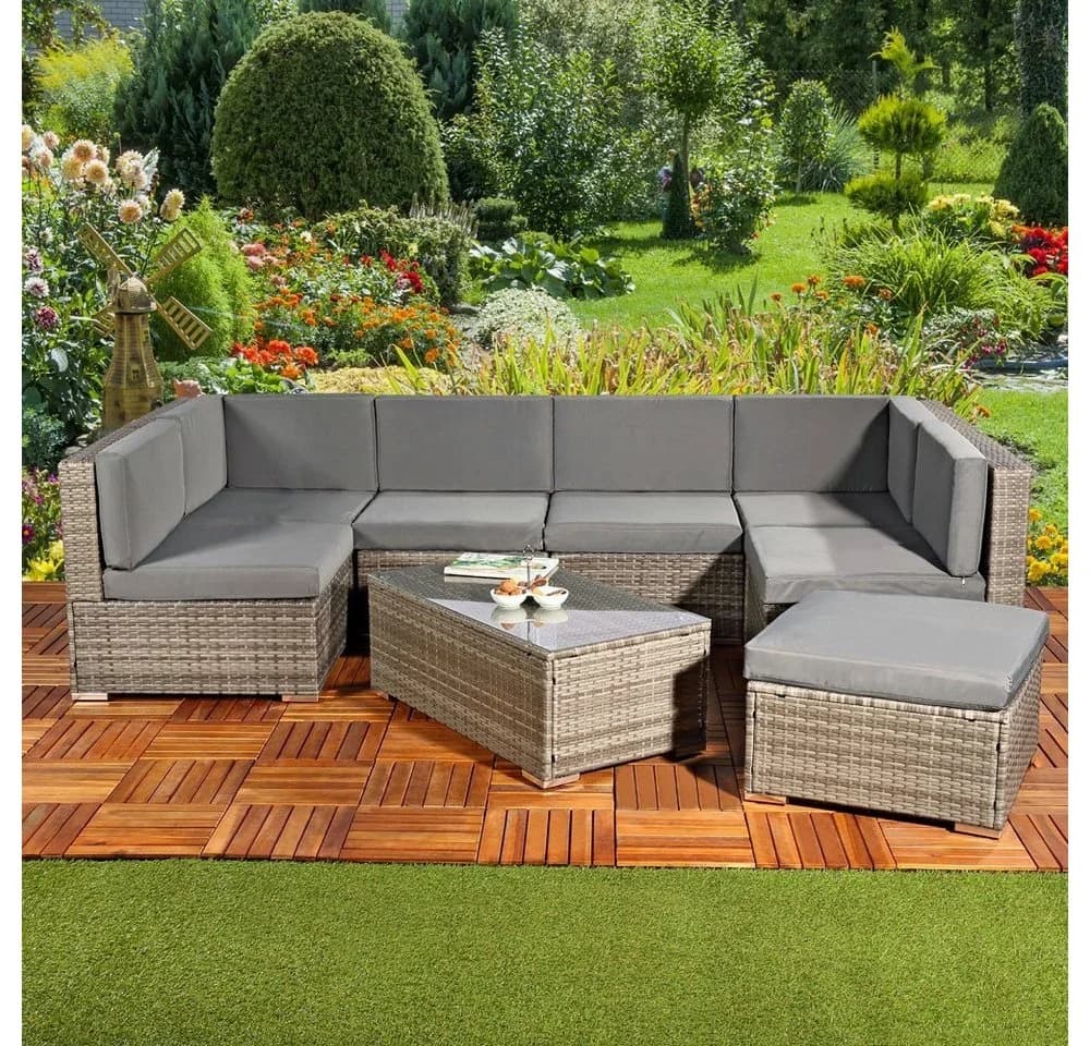Melko Gartenlounge-Set XXL Grau/Beige Polyrattan mit Kissen