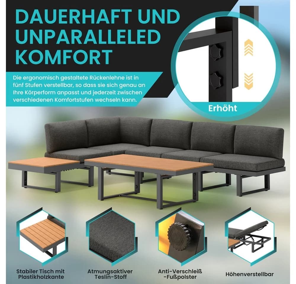 Mucola Gartenlounge-Set Ecklounge Aluminium wetterfest Grau - Bild 4
