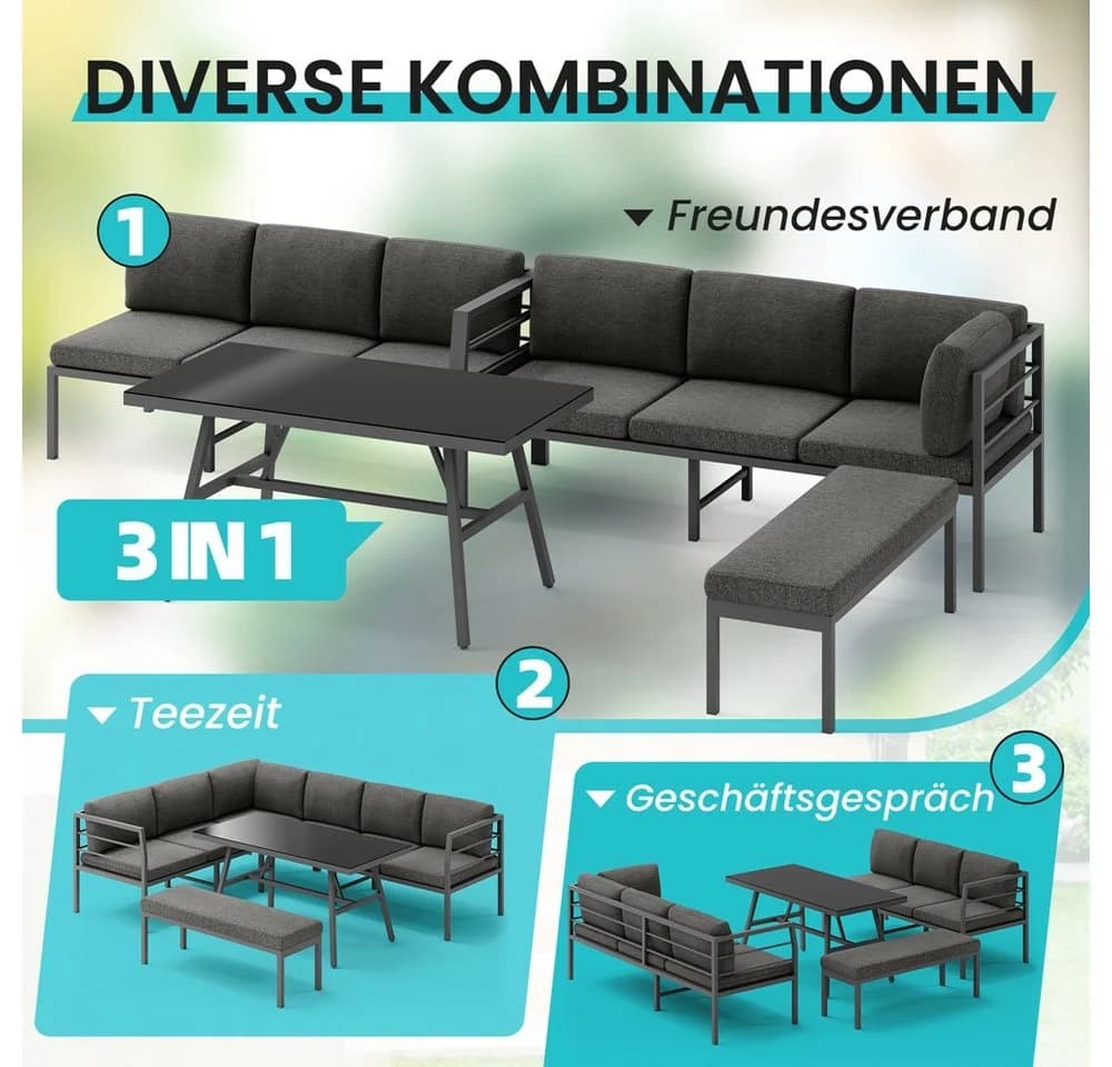 Melko Garten-Essgruppe Aluminium Glastisch Sitzbank Ecksofa