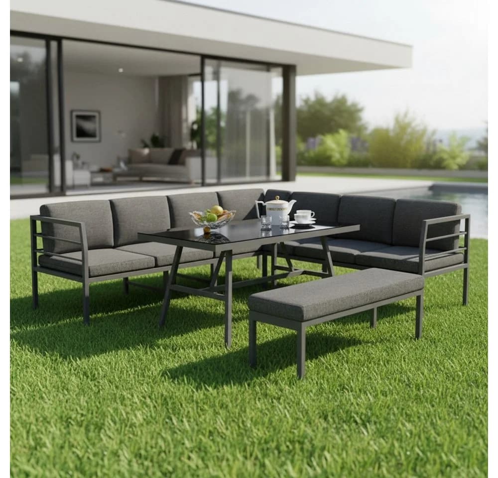 Melko Garten-Essgruppe Aluminium Glastisch Sitzbank Ecksofa - Bild 2