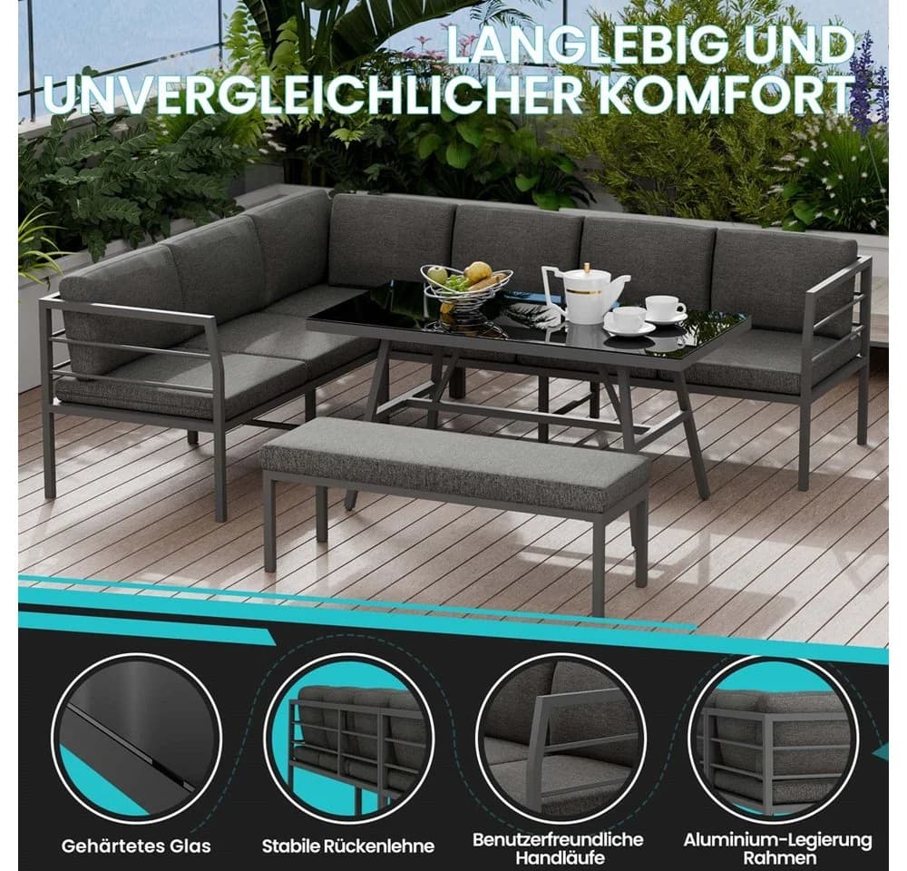 Melko Garten-Essgruppe Aluminium Glastisch Sitzbank Ecksofa - Bild 3
