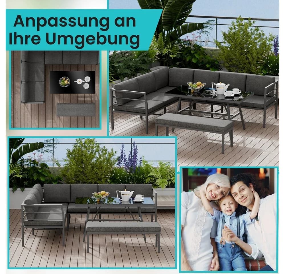 Melko Garten-Essgruppe Aluminium Glastisch Sitzbank Ecksofa - Bild 4