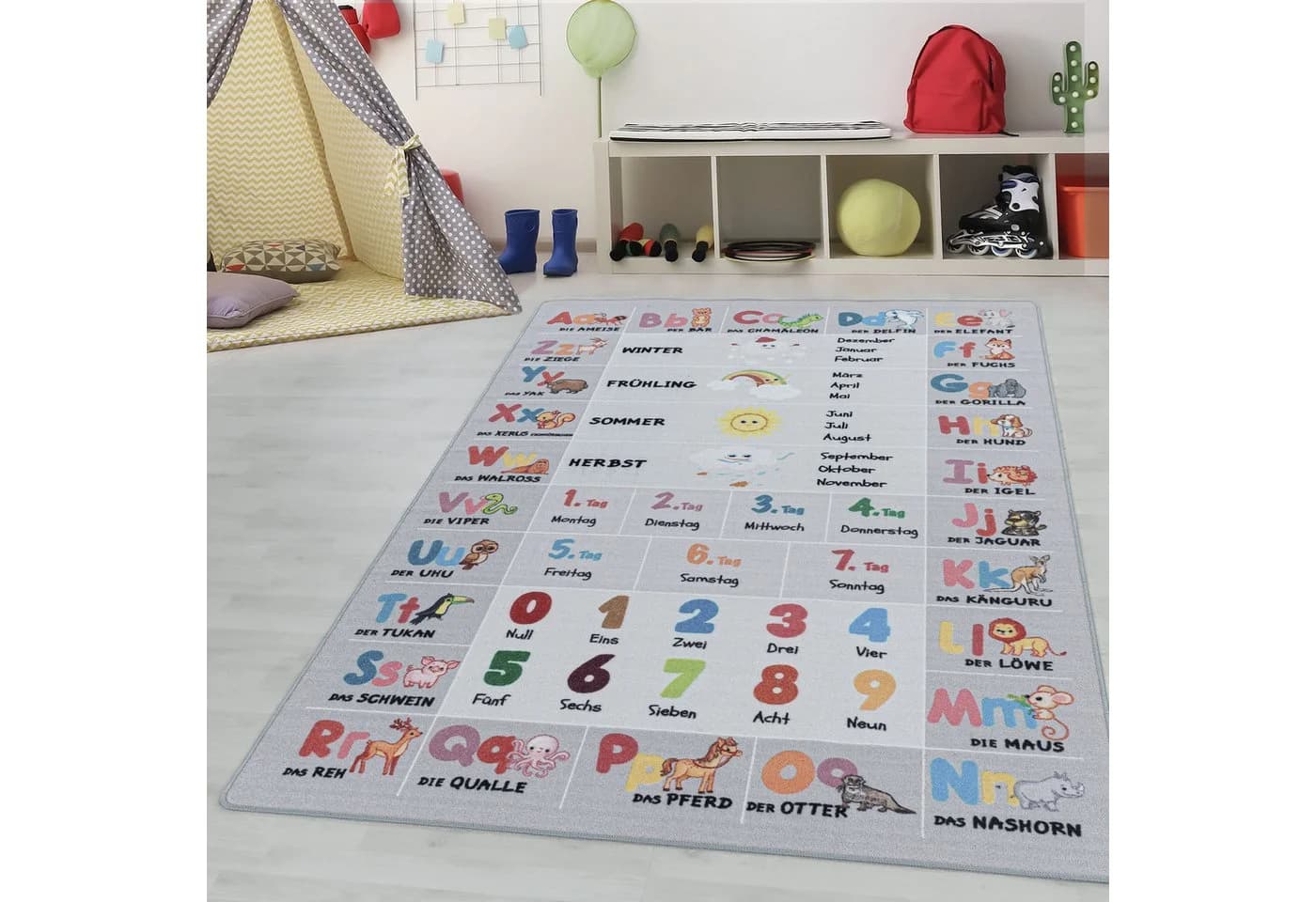 Teppium Kinderteppich Alphabet Grau Rutschfest
