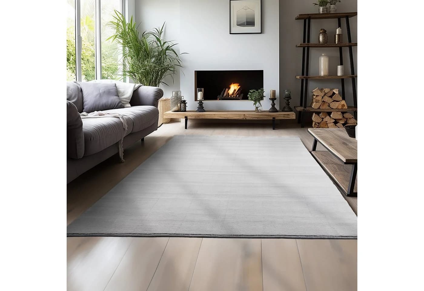 Teppium Teppich Unicolor Silber Kurzflor Anti-Rutsch Waschbar