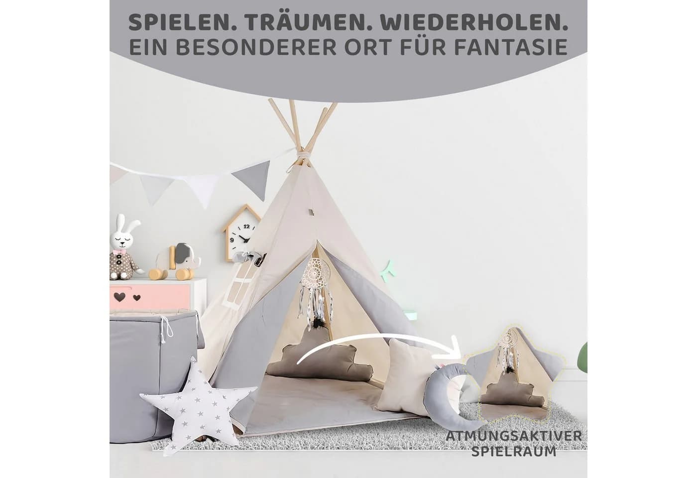 Rainbow Kids Tipi-Zelt "Grauer Wolf" Grau mit Zubehör