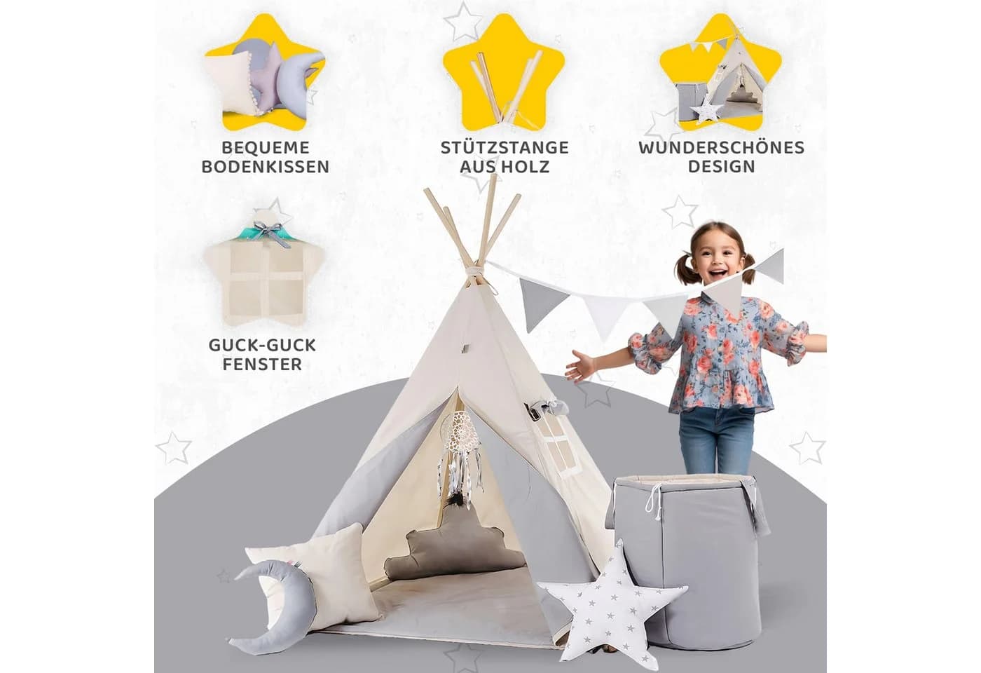 Rainbow Kids Tipi-Zelt "Grauer Wolf" Grau mit Zubehör - Bild 3