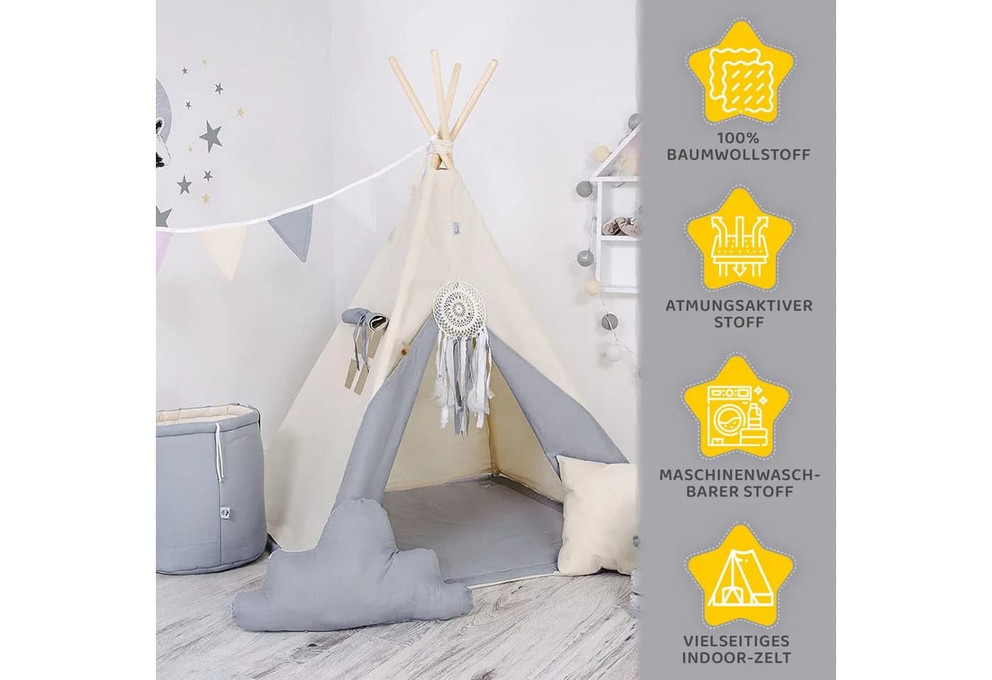 Rainbow Kids Tipi-Zelt "Grauer Wolf" Grau mit Zubehör - Bild 4