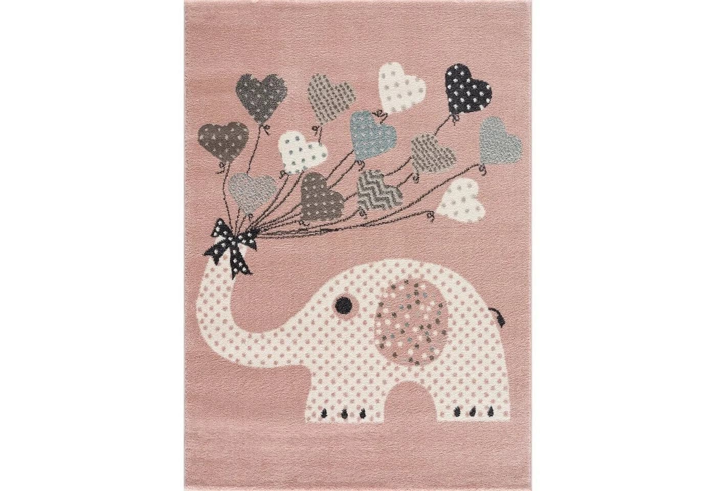 Jimri Kinderteppich Elefant mit Luftballons Rosa Kurzflor Läufer