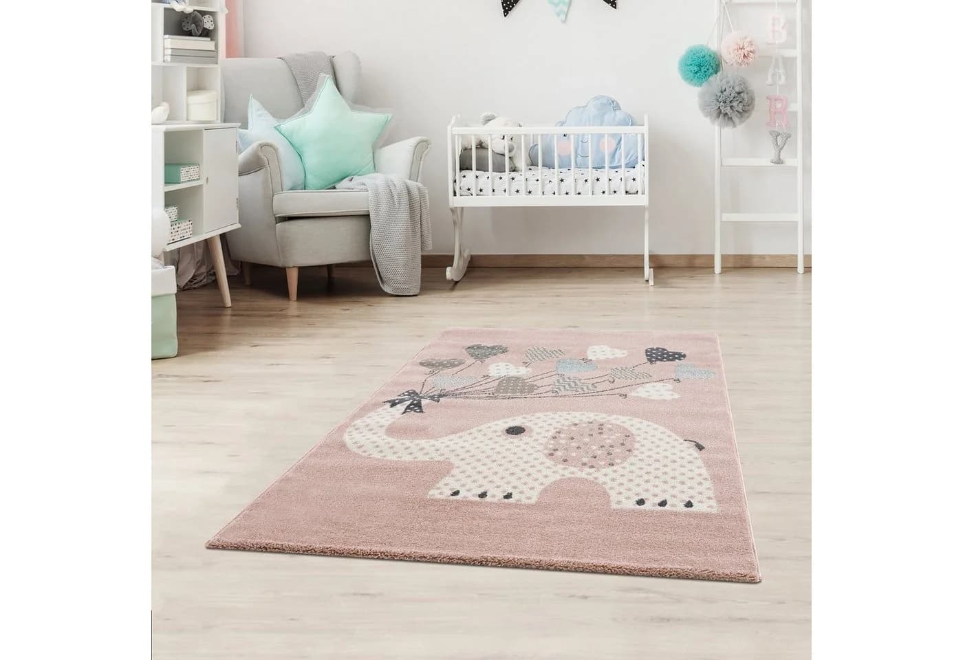Jimri Kinderteppich Elefant mit Luftballons Rosa Kurzflor Läufer - Bild 2