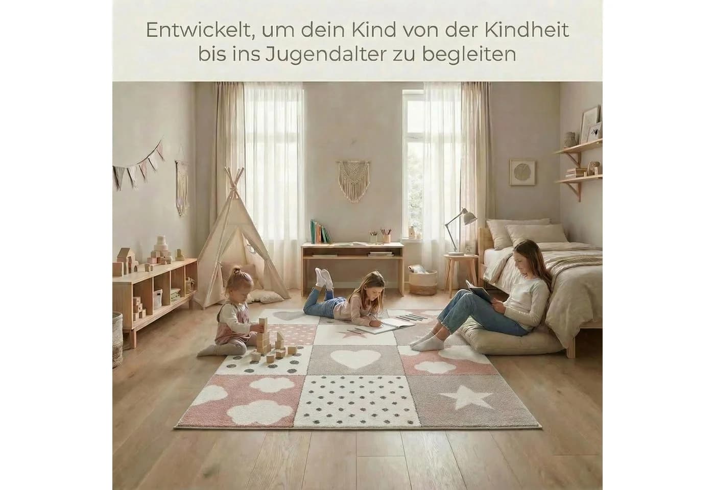 Jimri Kinderteppich Happy Friends Teppich für Kinderzimmer, Bär Hase Panda, Läufer - Bild 4