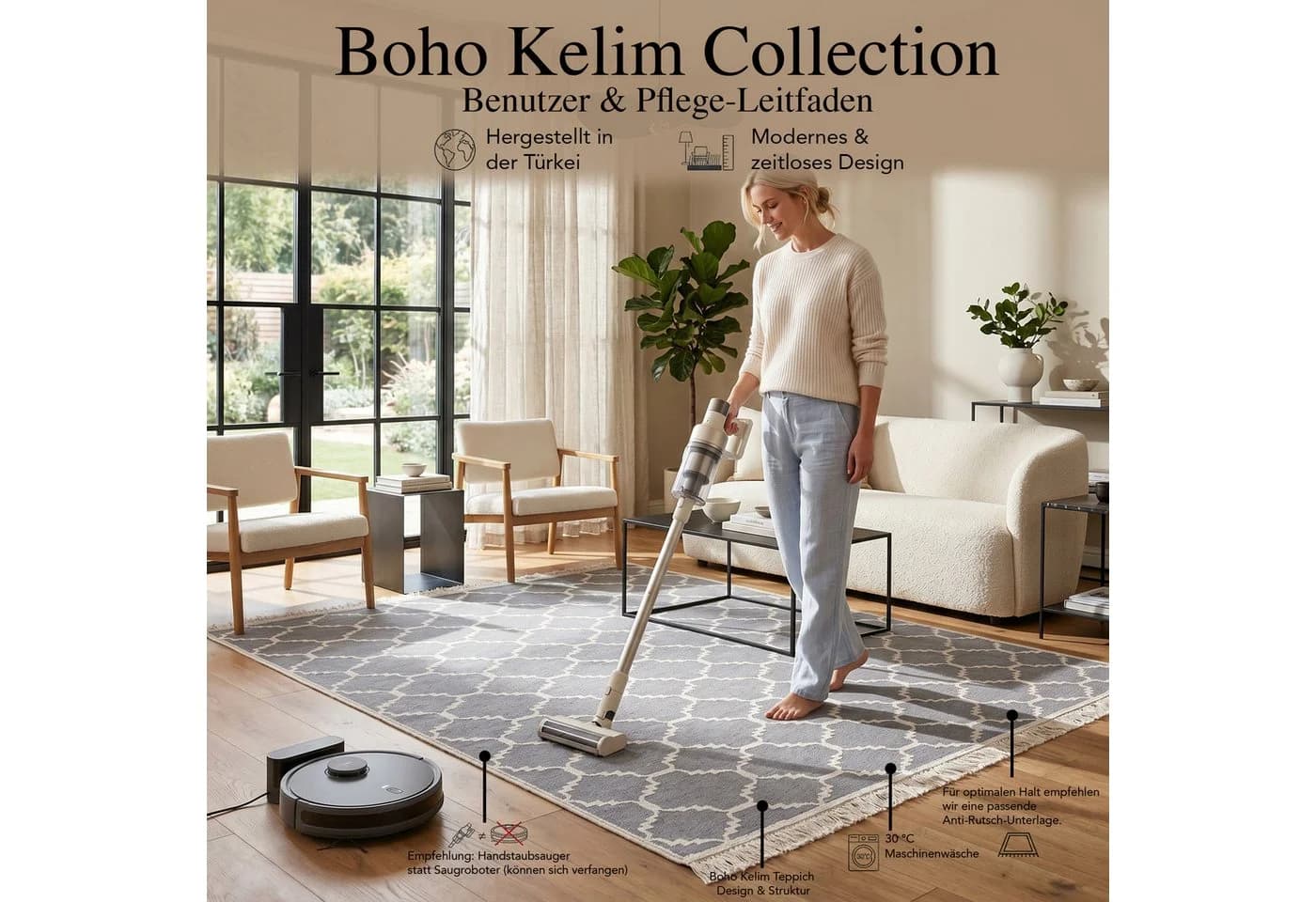 Jimri Wendeteppich Kelim Grau/Weiß Boho Kilim