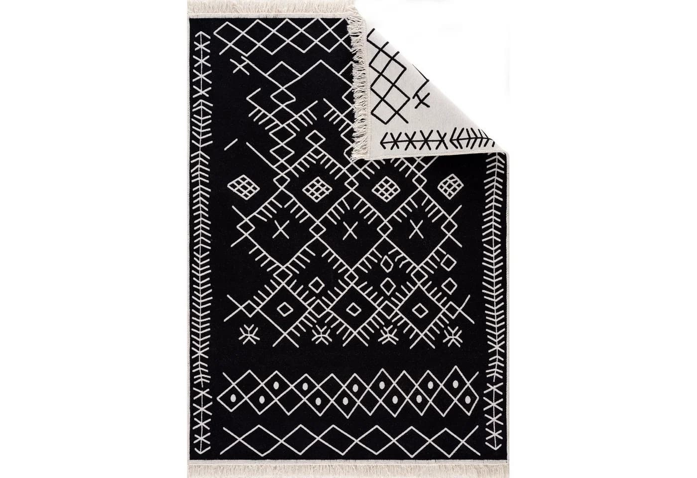 Jimri Wendeteppich Kelim Schwarz-Weiß Boho-Kilim Muster Baumwolle - Bild 3