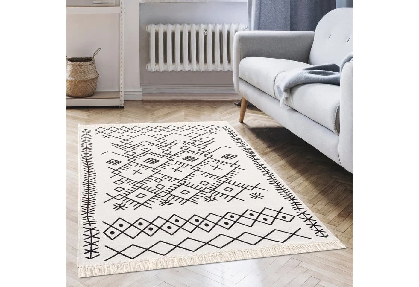 Jimri Wendeteppich Kelim Schwarz-Weiß Boho-Kilim Muster Baumwolle - Bild 4