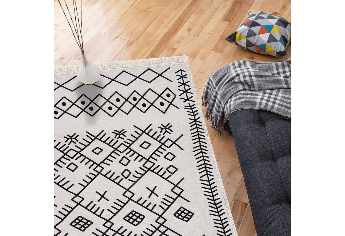 Jimri Wendeteppich Kelim Schwarz-Weiß Boho-Kilim Muster Baumwolle - Bild 5