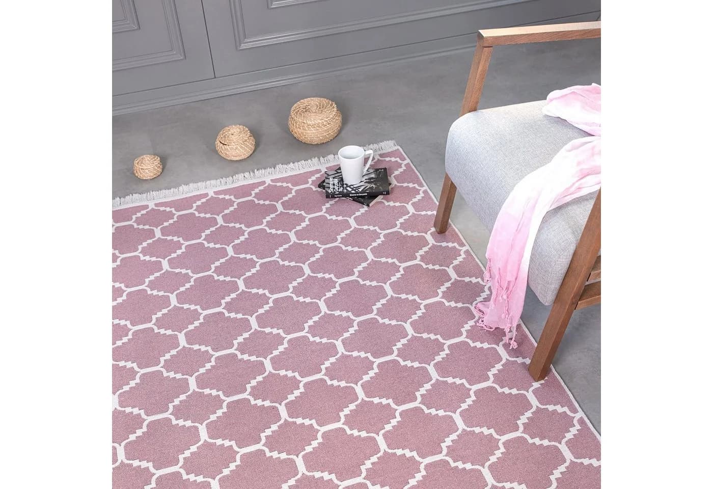 Jimri Kelim-Teppich Boho-Stil Rosa/Weiß Maschinell Gewebt - Bild 3