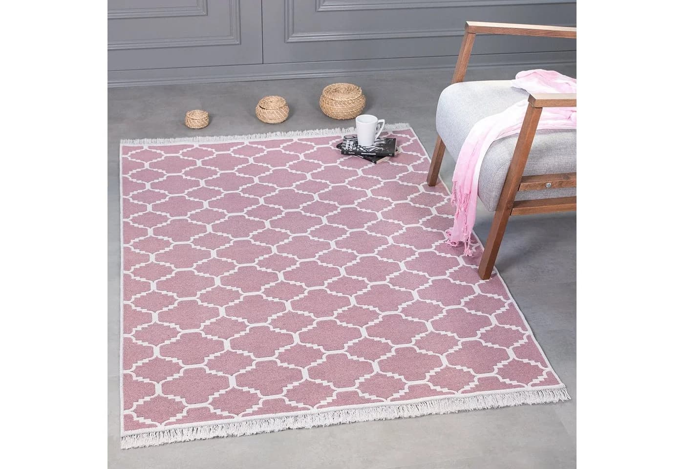 Jimri Kelim-Teppich Boho-Stil Rosa/Weiß Maschinell Gewebt - Bild 4