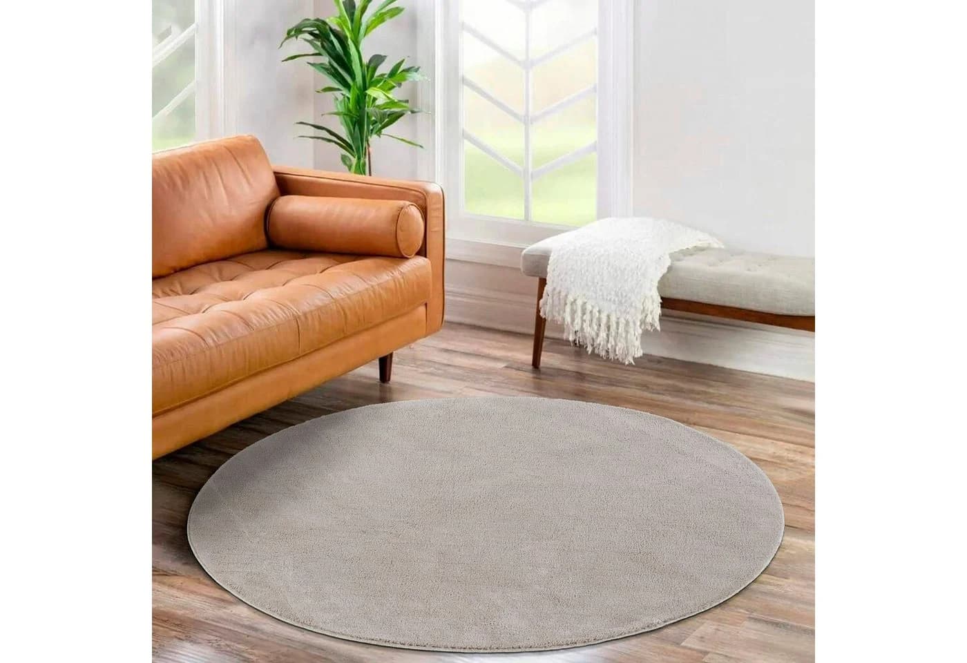 Jimri Teppich Fluffy Beige Kurzflor Läufer Rund Modern - Bild 2