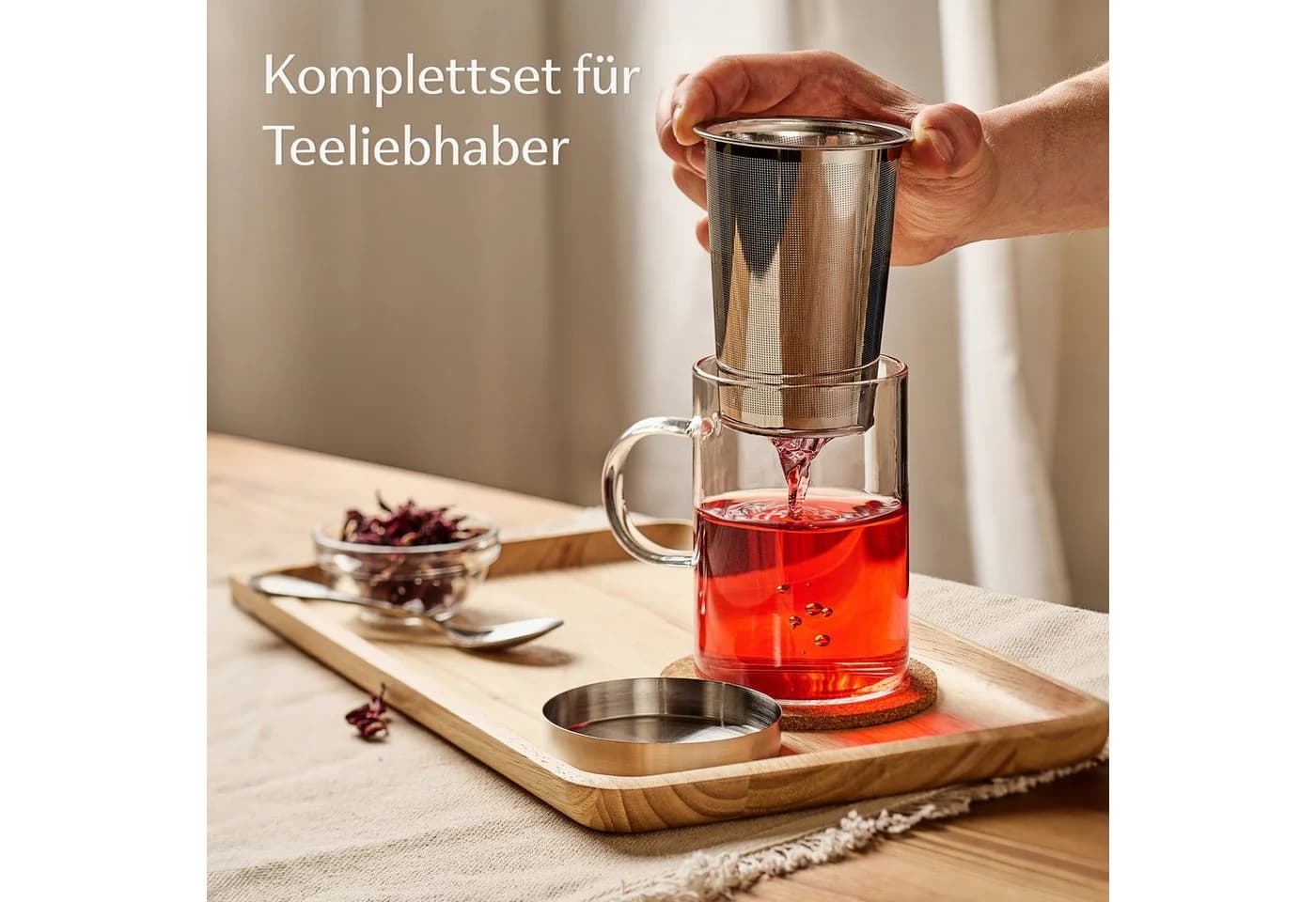 Cosumy Teeglas mit Sieb & Untersetzer Transparent