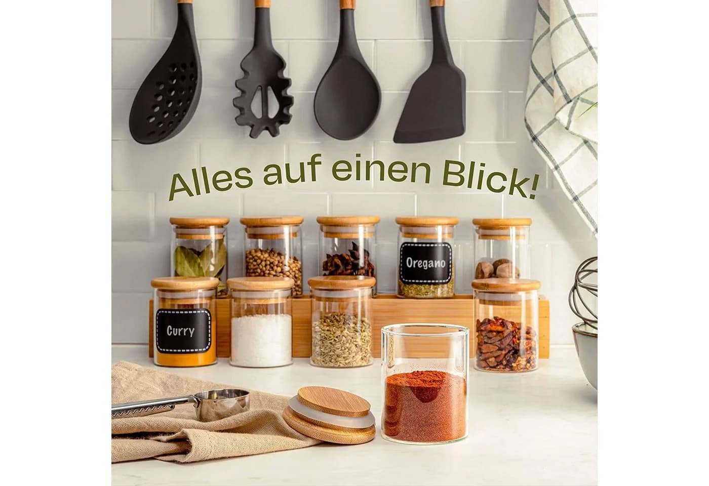 Praknu Vorratsglas Gewürzbehälter 10er Set 120ml Glas Bambus - Bild 3