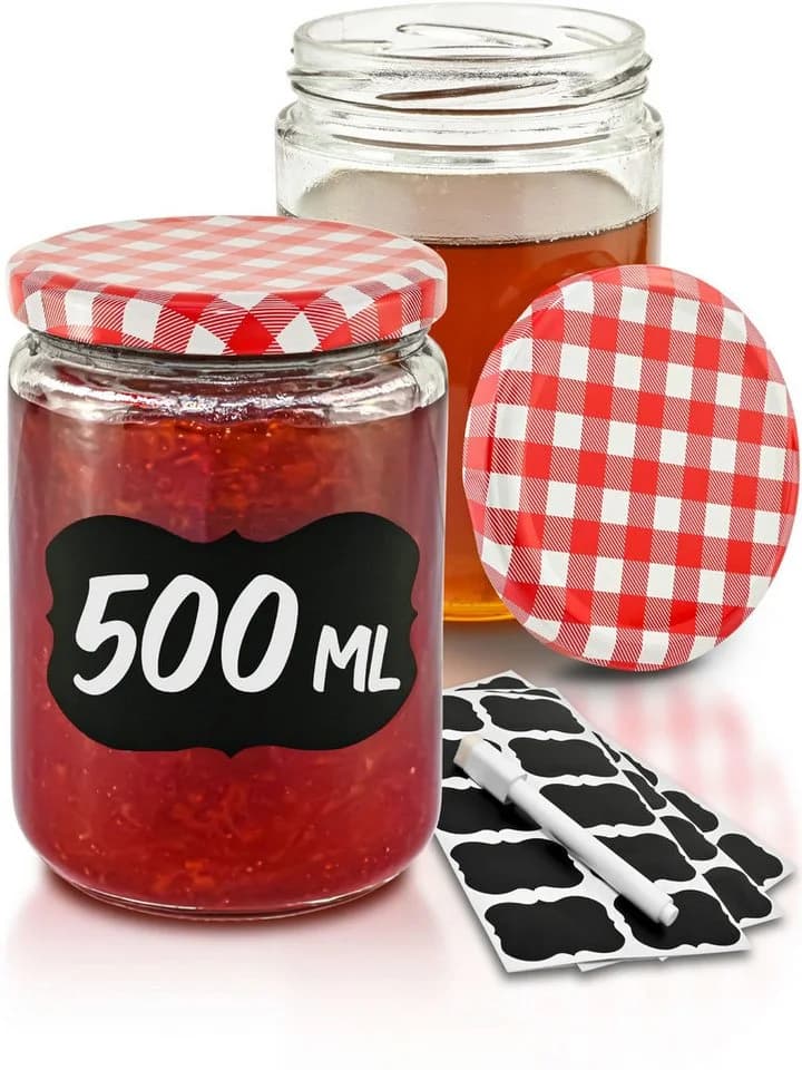 Praknu Einmachglas Set 12-tlg. 500ml Rot Karomuster mit Deckel - Bild 2