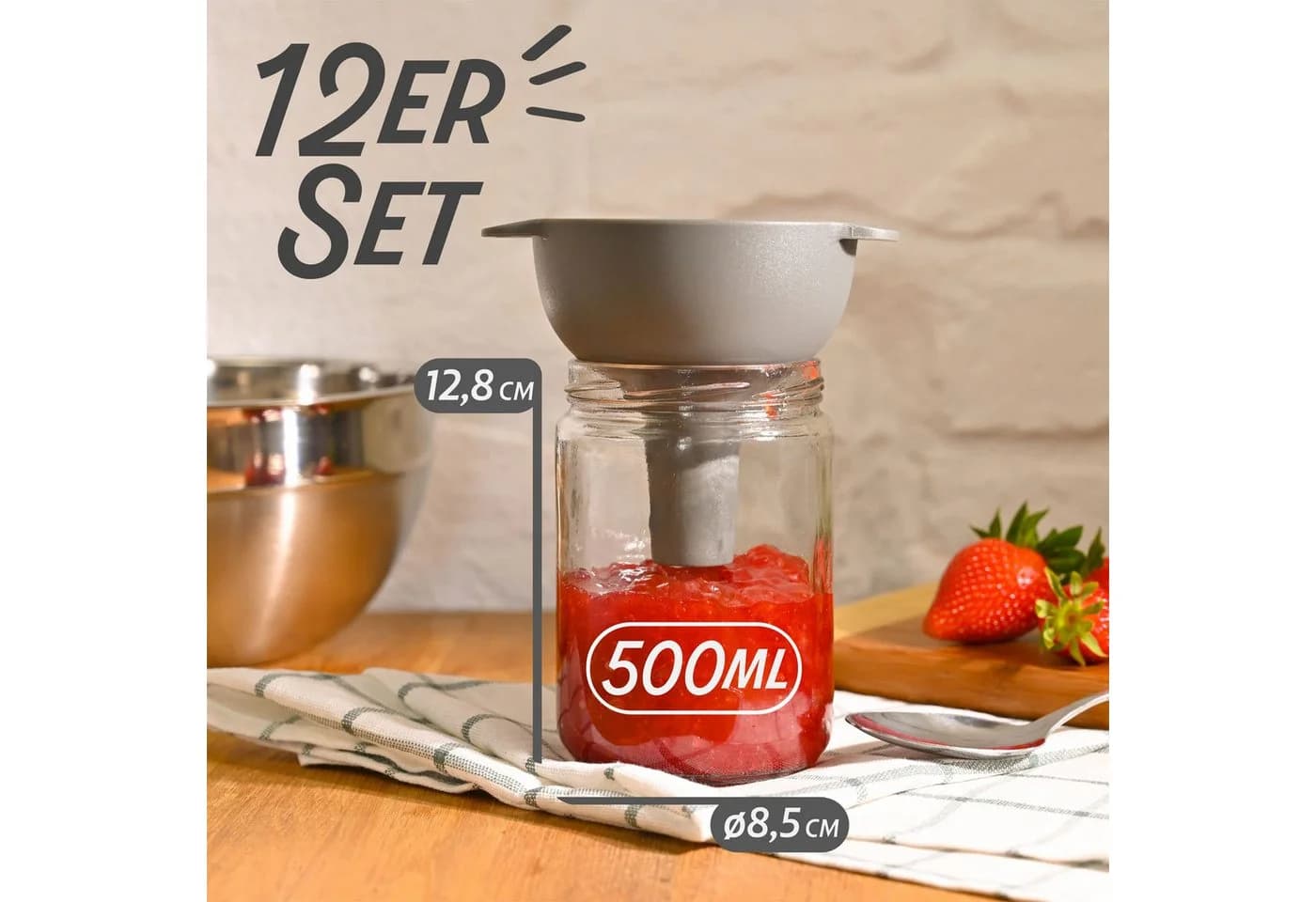 Praknu Einmachglas Set 12-tlg. 500ml Rot Karomuster mit Deckel - Bild 3