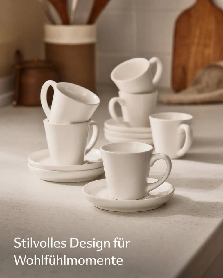 Cosumy Espressotassen Set 6er mit Untertassen Weiß Keramik 70ml