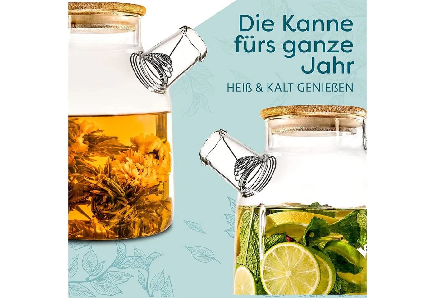 Cosumy Teekanne Glas 1,5L mit Bambus-Deckel & Filter