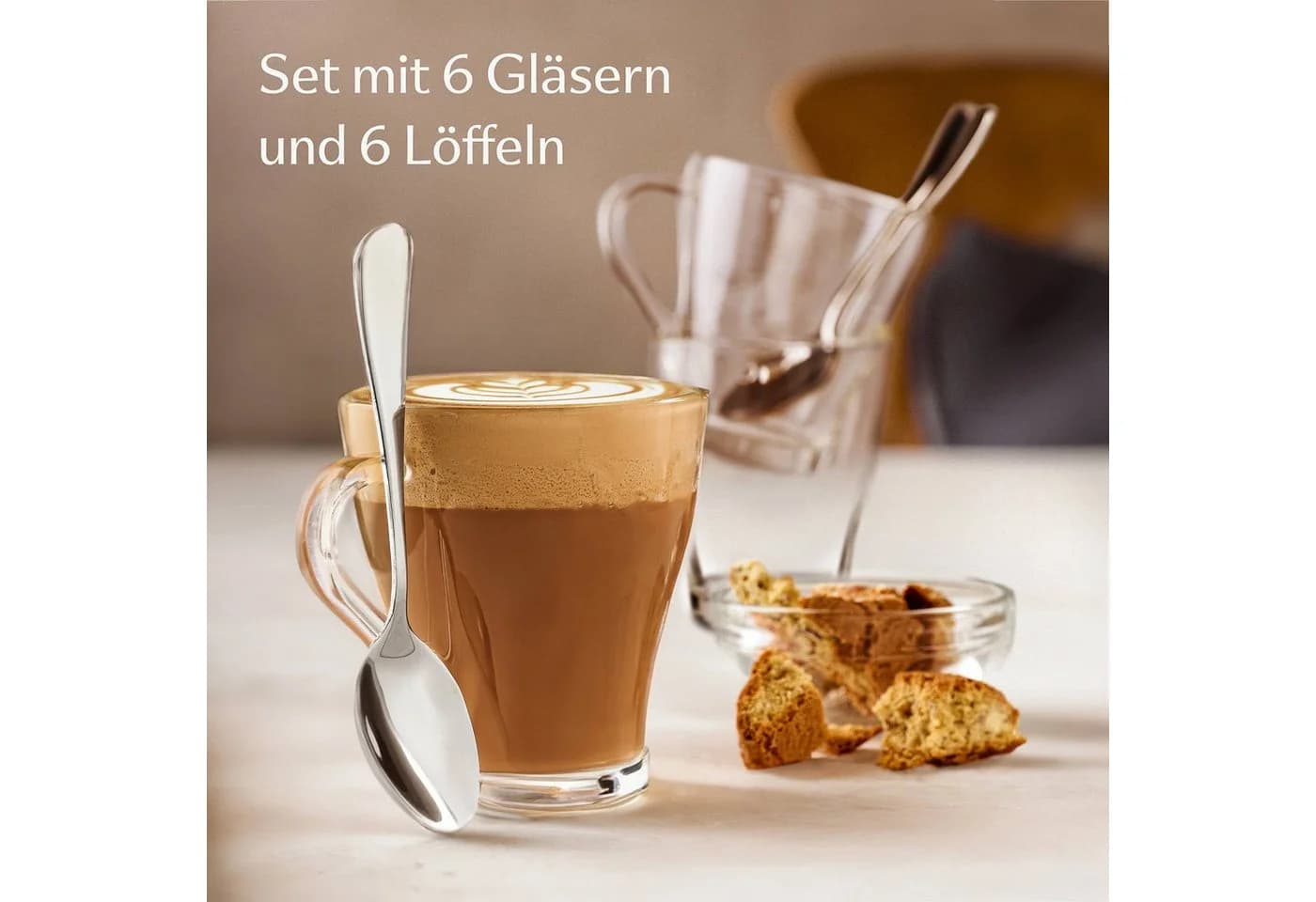 Cosumy Cappuccino Gläser Set 6-tlg. mit Henkel & Löffel, 250ml, Glas