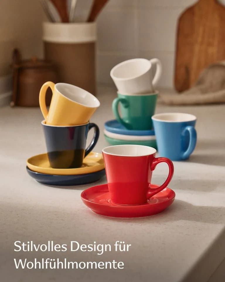 Cosumy Espressotassen Set 6-tlg. mit Untertassen Keramik 70ml Bunt