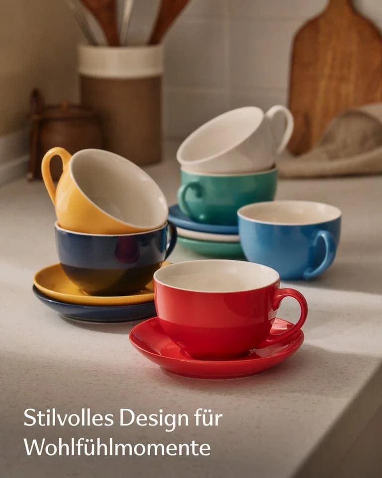 Cosumy Cappuccino Tassen Set 6er mit Untertassen Keramik Bunt 180ml