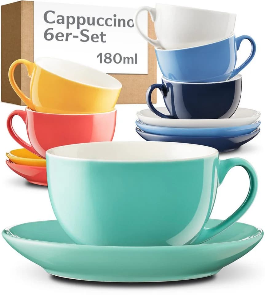 Cosumy Cappuccino Tassen Set 6er mit Untertassen Keramik Bunt 180ml - Bild 2