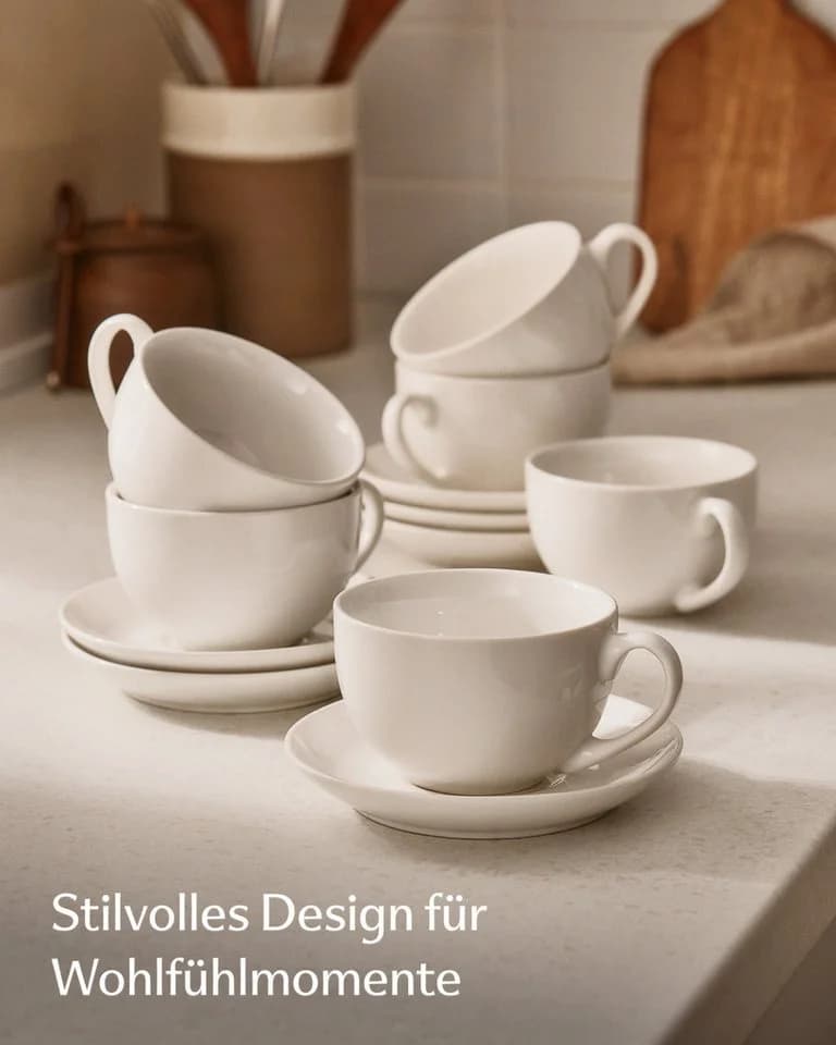 Cosumy Cappuccino Tassen Set 6er mit Untertassen Keramik Weiß