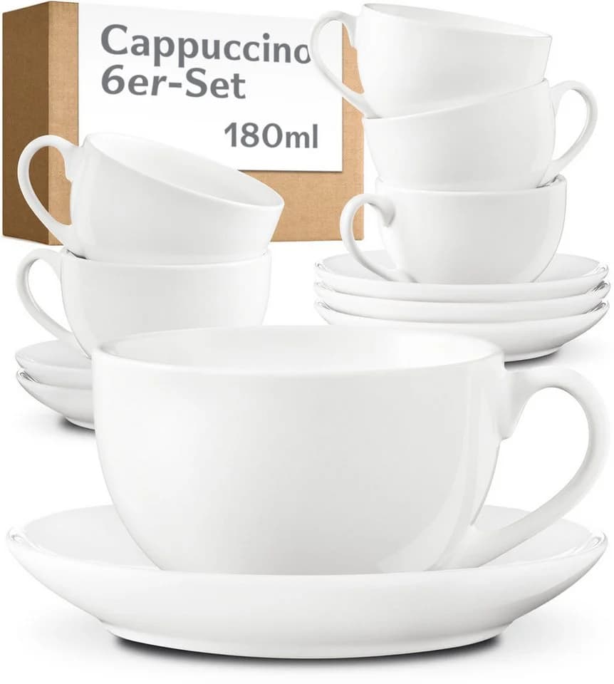 Cosumy Cappuccino Tassen Set 6er mit Untertassen Keramik Weiß - Bild 2